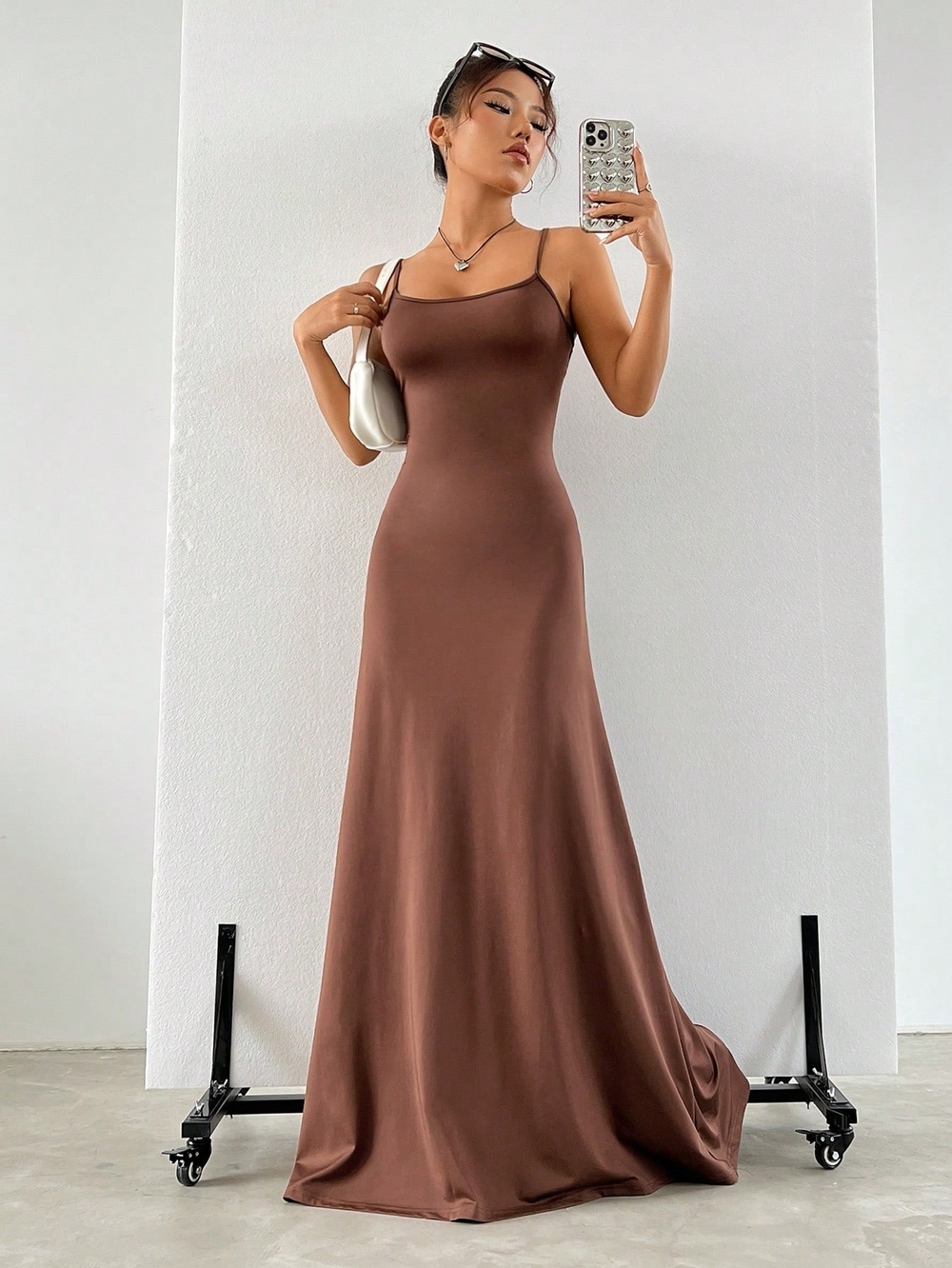 SHEIN Brown Spaghetti-Strap Maxi Slip Dress